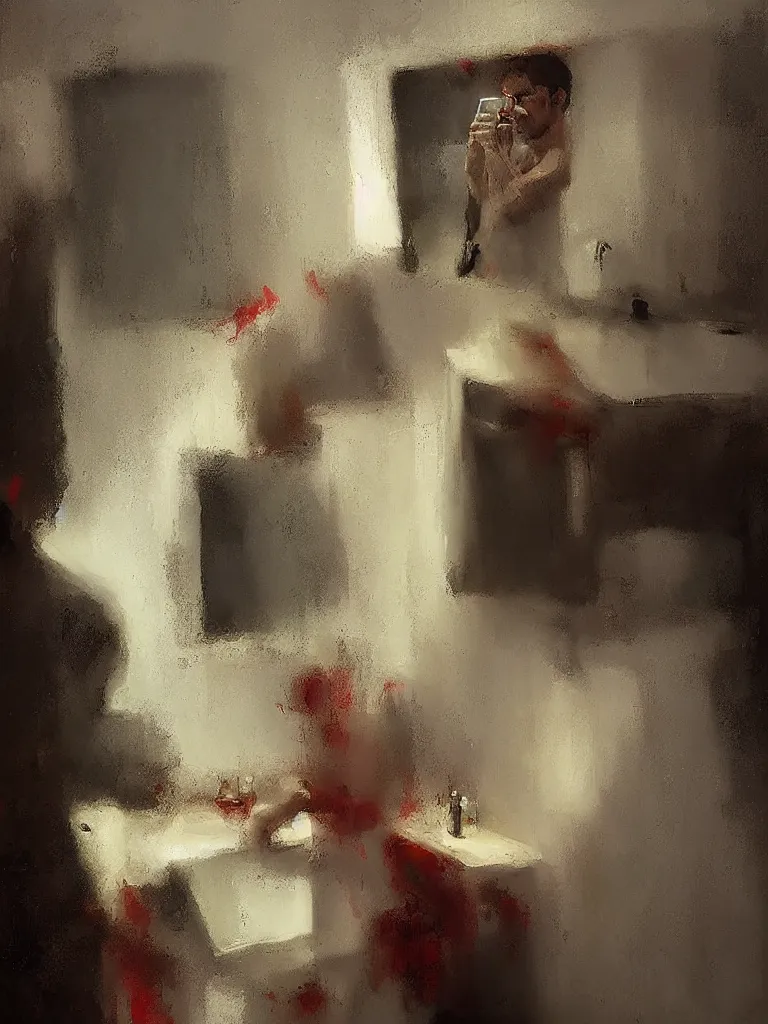 Image similar to a beautiful picture by alpay efe and christian hook of a man looking at his phone in a bathroom, color bleeding, brushstrokes by jeremy mann