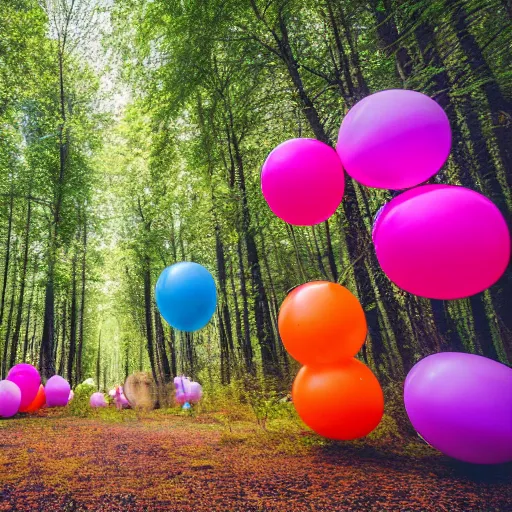 Image similar to An abandoned forest with colorful balloons, (Sony a7R IV, symmetric balance, polarizing filter, Photolab, Lightroom, 4K, Dolby Vision, Photography Award)