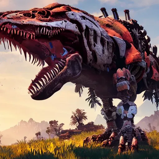 Prompt: gameplay of horizon zero dawn, mech tyrannosaurus rex, highly detailed