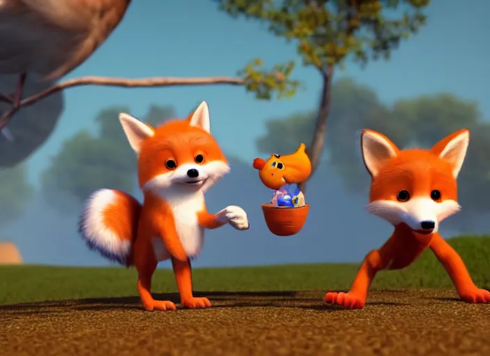 Prompt: A cute fox caught a chicken in his mouth, 3D pixar animation, 4k