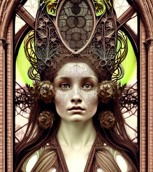 Image similar to hyperrealistic detailed face portrait of a beautiful young goddess morphing into a gothic cathedral, authentic ornamental architecture, intricate and highly detailed, awe inspiring art by ernst haeckel, h. r. giger, alphonso mucha, android jones, james jean, gothic, neo - gothic, heavily ornamental, nice deep colours,