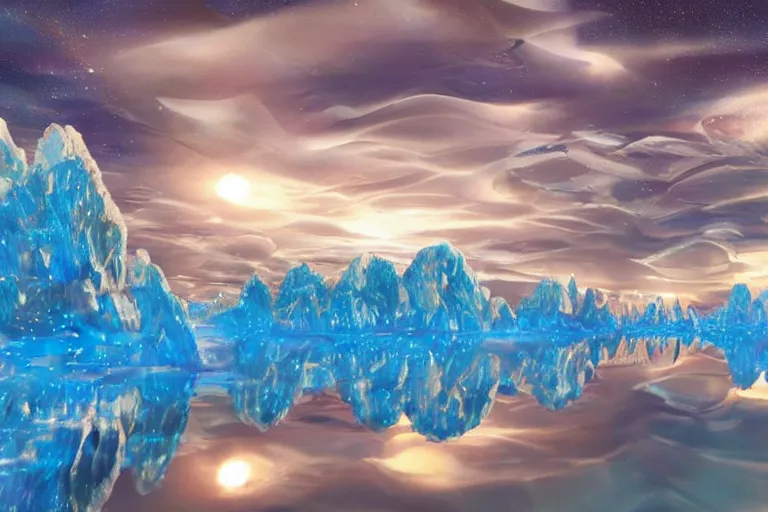 Image similar to futuristic luxurios street with Singaporean gold waterfalls, white and royal blue theme, advanced civilization, UHD, at Salar De Uyuni, Hexagonal formations on the surface of salt crystallization, sandwiched between sedimentary deposits, bubbling geysers, marvellous reflection of the sky, digital painting, concept art, smooth, sharp focus, from Star Trek 2021, illustration, by WLOP and Ruan Jia and Mandy Jurgens and William-Adolphe Bouguereau, Artgerm