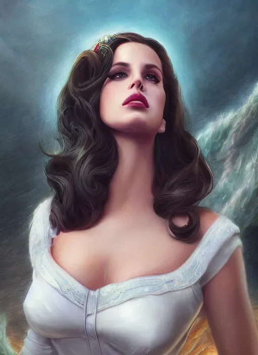 Prompt: lana del rey as a heroine with a dress inspired by the titanic, holding her chest firmly, really large bosum, digital photo, ambient lighting, smooth, sharp focus, illustration, in - frame, centered, art by artgerm and donato giancola and joseph christian leyendecker, ross tran, wlop
