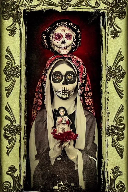 Image similar to tintype virgin mary in dia de muertos dress and make up, horrific beautiful vibe, evocative, atmospheric lighting, painted, intricate, highly detailed,