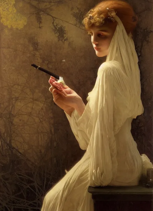 Image similar to a romantic photo of a woman in a dark room wearing lace smoking a cigarette advertisement photography by mucha, nick alm, ruan jia, norman rockwell, greg rutkowski, greg manchess, ethereal, dark, candlelight, pagan, extremely coherent, sharp focus, elegant, sharp features, render, octane, detailed, award winning photography, masterpiece, rim lit