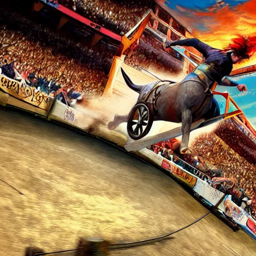 Image similar to roman horsedrawn chariot racer jumping high on half pipe, fish eye, tony hawk, video game