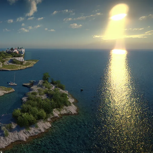 Image similar to lviv island on the sea, 8 k ultra realistic, lens flare, atmosphere, glow, detailed, intricate, full of colour, led lighting, 4 k, hyperrealistic, focused, extreme details, unreal engine 5, masterpiece