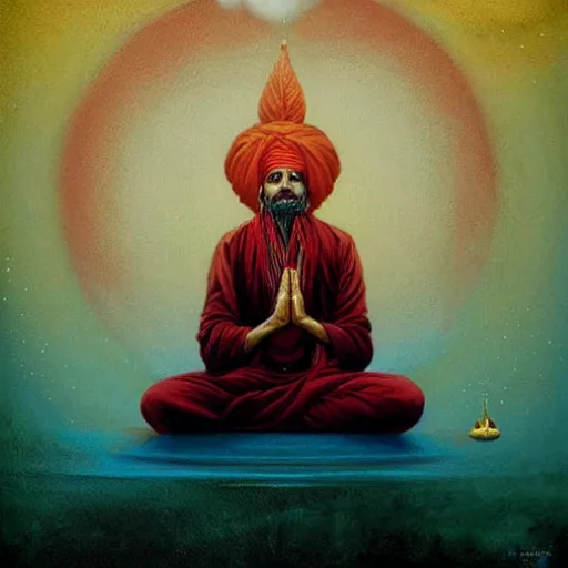 Image similar to wise old Indian guru, floating in the air, meditation, red and gold, by Anato Finnstark, Tom Bagshaw, Brom