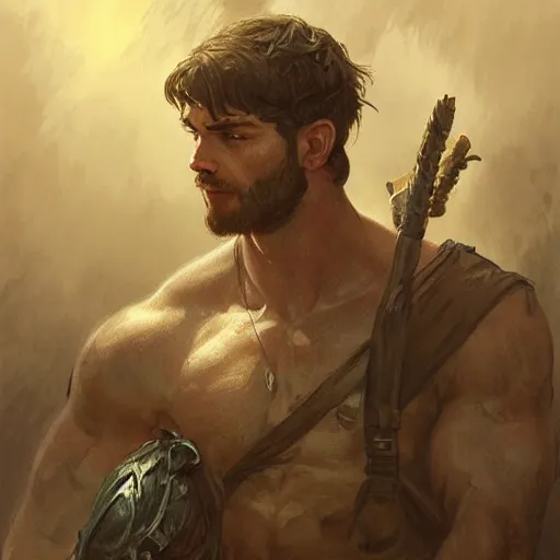 Image similar to portrait of a young rugged ranger, muscular, upper body, hairy torso, D&D, fantasy, intricate, cinematic lighting, highly detailed, digital painting, artstation, concept art, smooth, sharp focus, illustration, art by Artgerm and Greg Rutkowski and Alphonse Mucha