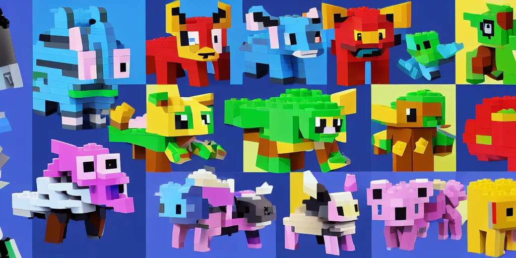 Prompt: small creatures made of a single brick, four legged, quadrupedal, cute looking, kawaii, sharp focus, character sheet, game concept art, blocky, lego mixels, japanese, flat toon style like katamari damacy inspired, pokemon inspired, blocky like minecraft, 8 k, highly detailed