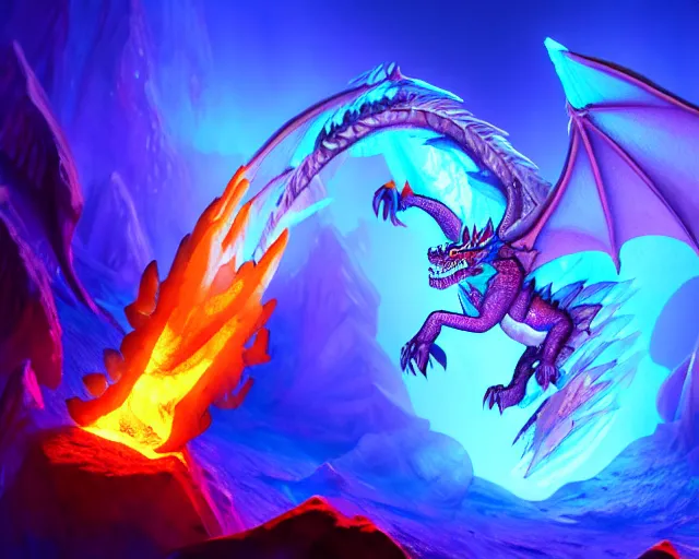 Prompt: film still of a fire ice crystal dragon in a blue glowing ice cave, torches,, treasure chests, disney, pixar, blizzard concept artists, world of warcraft, digital art, intricate, trending on artstation, deviantart, 8k, vibrant, high res