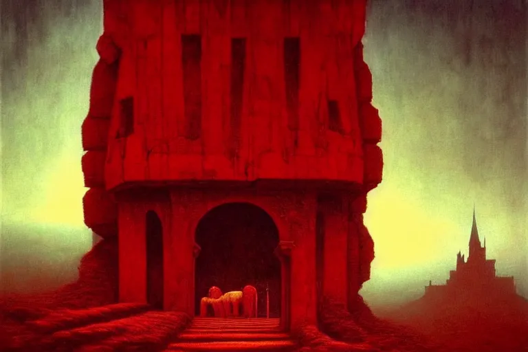 Image similar to only with red, in a red dream world, a crimson tiger, a castle in the background, medieval demons, an ancient path in the style of beksinski, part by hopper, part by rodcenko, part by hofbauer, intricate composition, red by caravaggio, insanely quality, highly detailed, masterpiece, red light, artstation