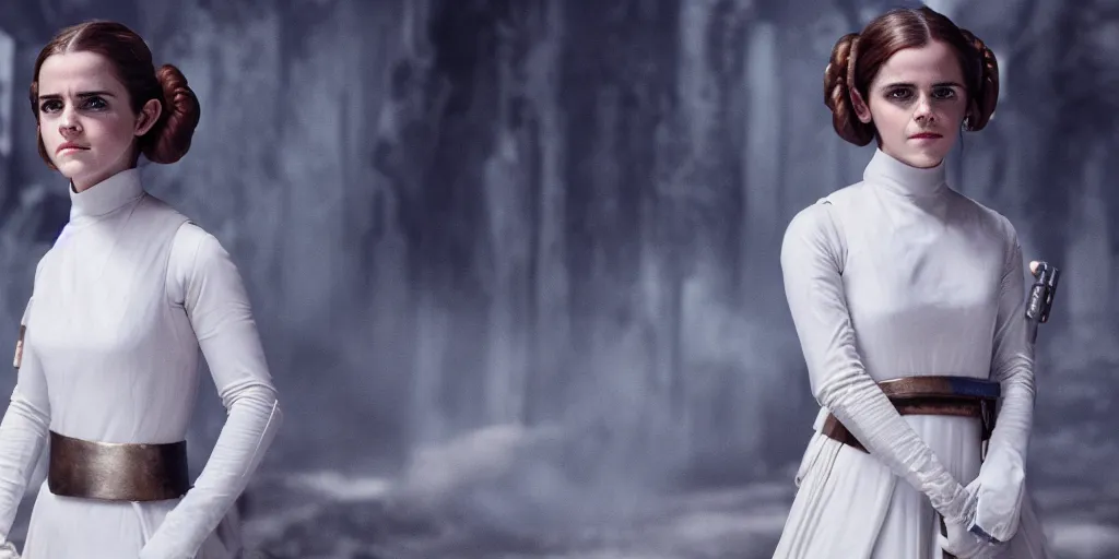 Prompt: Emma Watson as Princess Leia, 4k wallpaper, movie poster, cinematic