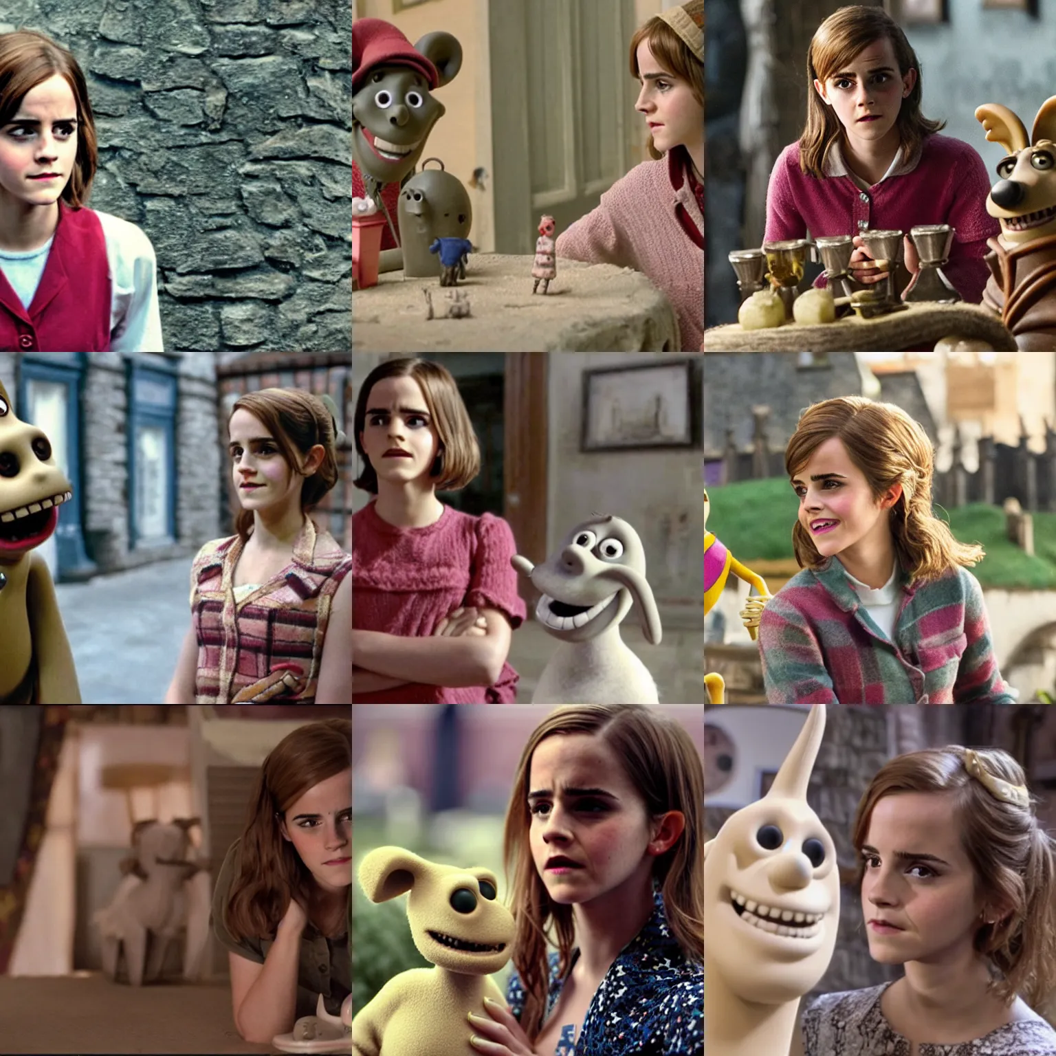 Prompt: Movie still of Emma Watson in Wallice and Gromit