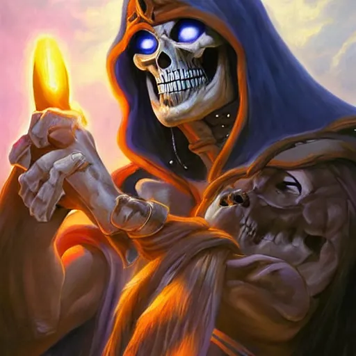 Image similar to portrait painting of skeletor, dnd beyond avatar portraits, beautiful, artistic, elegant, lens flare, magical, nature, realism, stylized, art by jeff easley and genndy tartakovsky