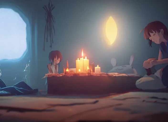 Image similar to a night scary sleepover, being lit by candles, medium shot, studio ghibli, pixar and disney animation, sharp, rendered in unreal engine 5, anime key art by greg rutkowski, bloom, dramatic lighting