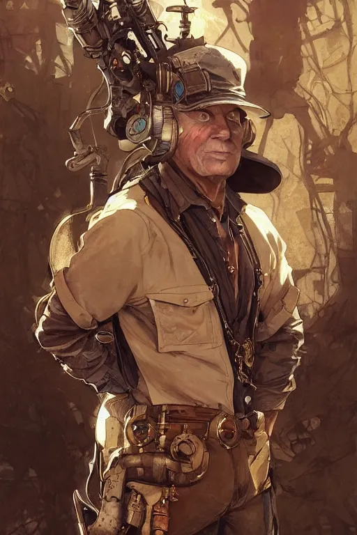 Prompt: elmer fudd as a steampunk cyborg, portrait, western, steampunk, duster, fantasy, intricate, elegant, highly detailed, digital painting, artstation, concept art, sharp focus, illustration, art by artgerm and greg rutkowski and alphonse mucha