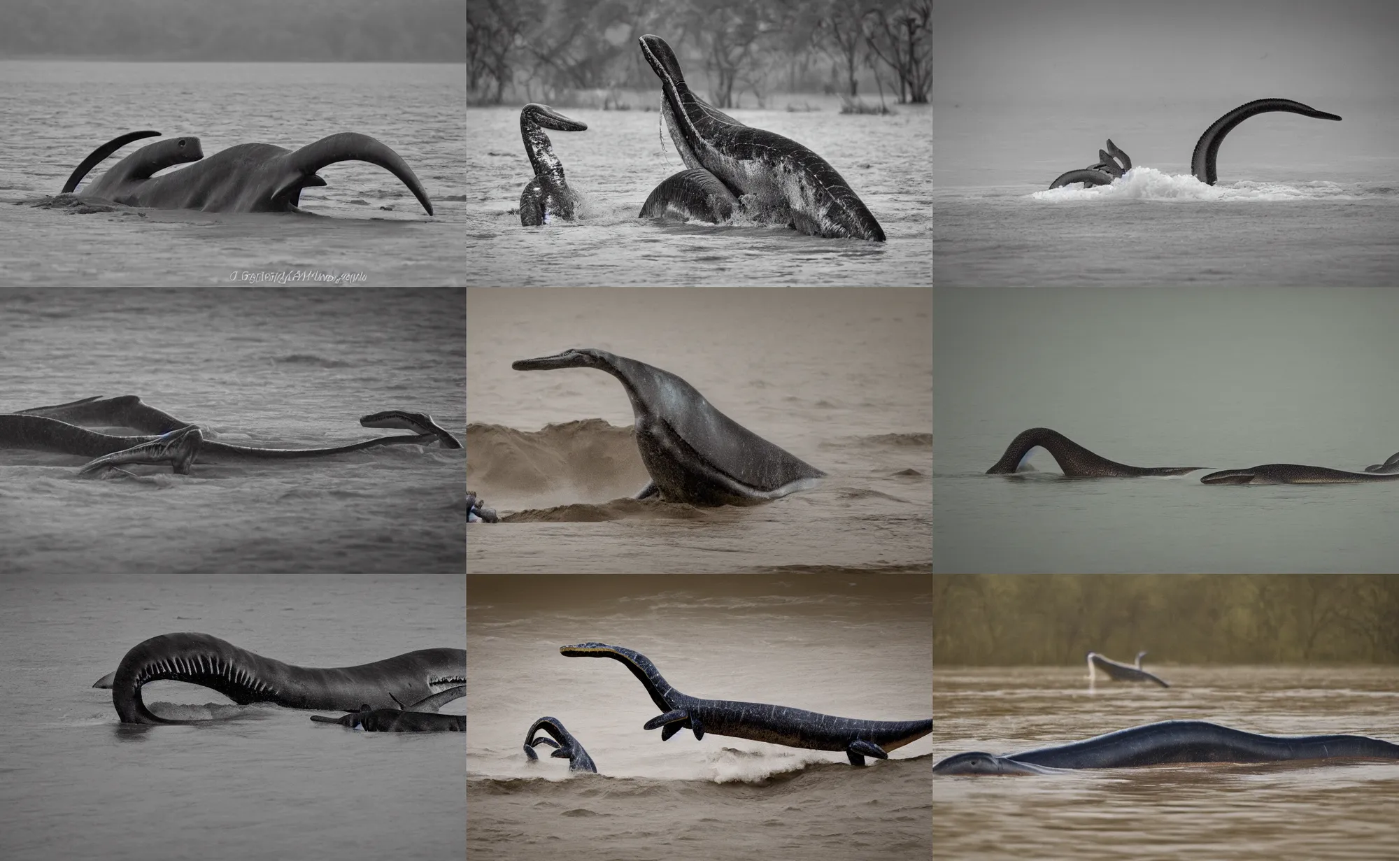 Prompt: nature photography of a plesiosaur and a baby plesiosaur, in flood waters, african savannah, rainfall, muddy embankment, fog, digital photograph, award winning, 5 0 mm, telephoto lens, national geographic, large eyes