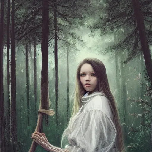 Image similar to a candid portrait of a girl wearing in the woods, atmospheric, highly detailed, portrait painting, fairytale, fantasy, illustration by scott gustafson