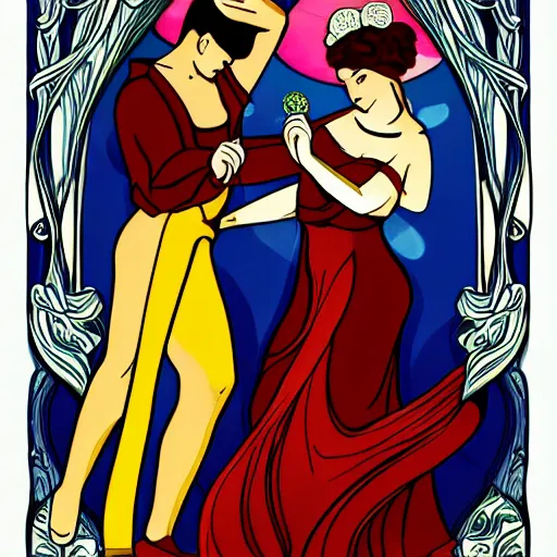 Prompt: latin male and female dance band in the style of art nouveau. lively. colorful. hd.
