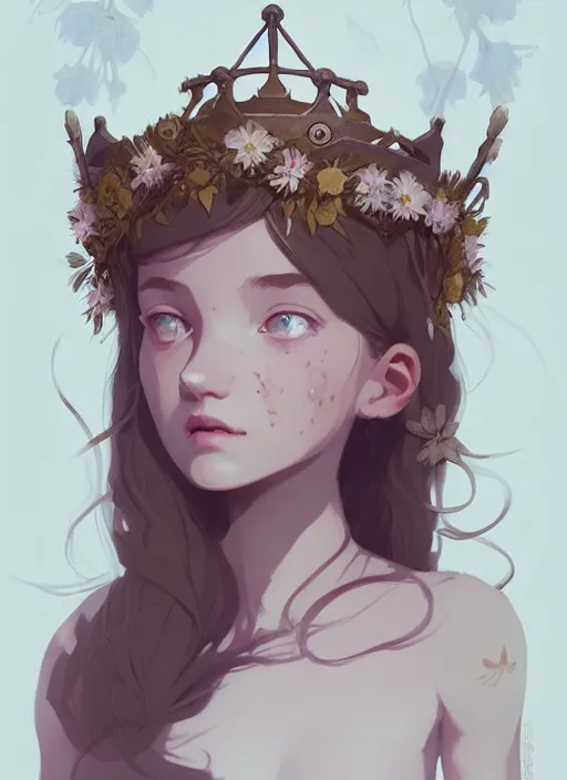 Image similar to portrait of cute nymph girl with crown of flowers with celtic tattoos, fantasy, by atey ghailan, by greg rutkowski, by greg tocchini, by james gilleard, by joe gb fenton, by in kaethe butcher, dynamic lighting, gradient light blue, brown, blonde cream and white color in scheme, grunge aesthetic