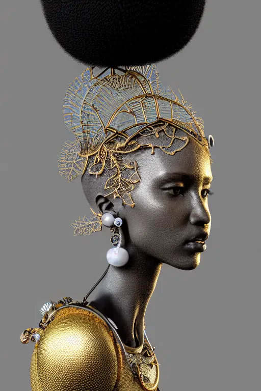 Prompt: complex 3d render ultra detailed of a beautiful porcelain profile afro woman face, earring, biomechanical cyborg, analog, 150 mm lens, beautiful studio soft light, rim light, silver gold details, big leaves and stems, roots, fine foliage lace, mesh wire, Alexander Mcqueen high fashion haute couture, art nouveau fashion embroidered, steampunk, intricate details, hyper realistic, ultra detailed, mandelbrot fractal, anatomical, facial muscles, cable wires, microchip, elegant, octane render, H.R. Giger style, volumetric lighting, 8k post-production