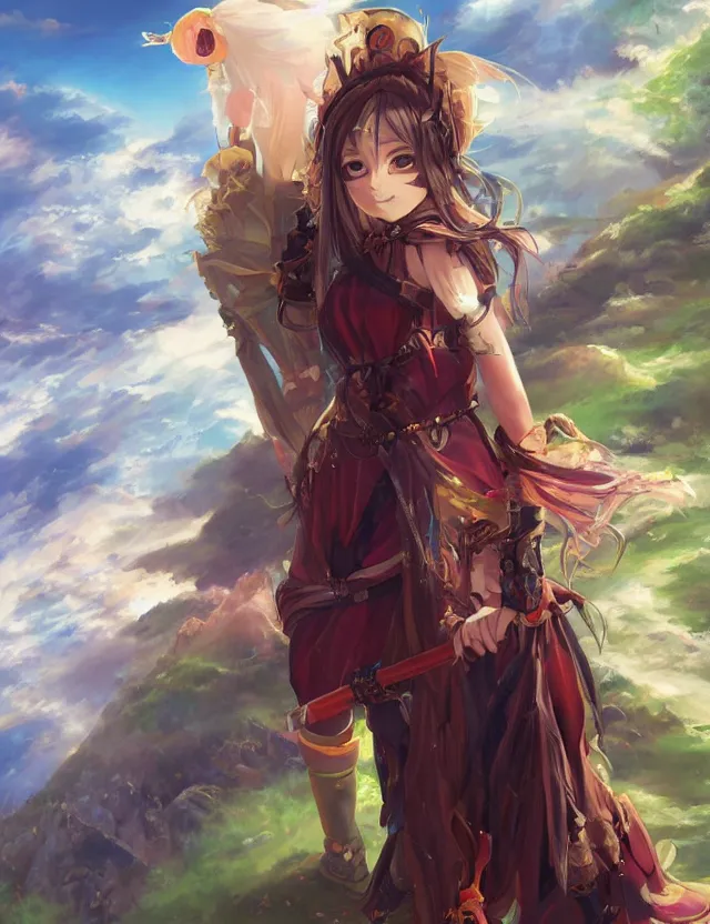 Image similar to scenic wide angle portrait of a teenage girl, bard outfit, anime in fantasy style, trending artwork, painted in anime painter studio, by anato finstark, tony sart, marc simonetti and an anime artist, collaboration