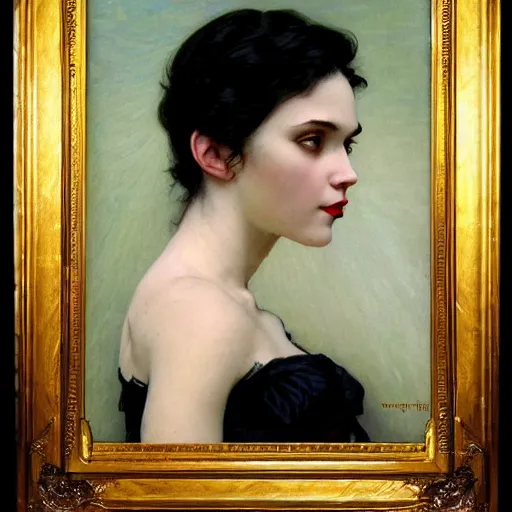 Image similar to portrait of a very beautiful vampire by Stanley Artgerm Lau , greg rutkowski, thomas kindkade, alphonse mucha, loish, norman rockwell, J. C. Leyendecker. dark black hair, pale skin, detailed eyes, red lips, cracks around the eyes and mouth. Trending on artstation rule of thirds extremely detailed 1800s oil painting hd 4k