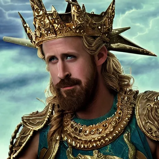Image similar to screaming Ryan Gosling as Poseidon with trident and crown on head, the king of the sea, ready to fight, matte painting, dark colors