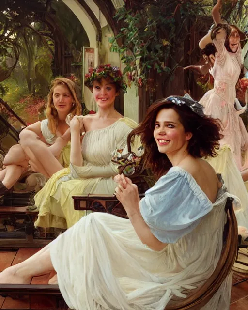 Prompt: a portrait painting of rachel lane, sabrina lloyd, perdita weeks, rachel mcadams, nicole de boer hybrid oil painting, smiling, elegant clothing, scenic background, extremely detailed and lifelike, artgerm, greg rutkowski, alphonse mucha, vladimir volegov, adolphe bouguereaum, jason edmiston, greg hildebrandt