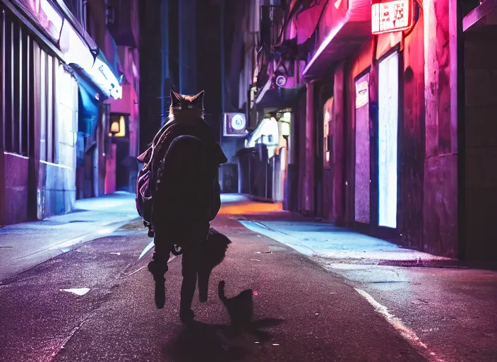 Image similar to photography of a Cat carrying a backpack . in a cyberpunk street. award winning photo, led lighting, night, 24mm, sharp, high res