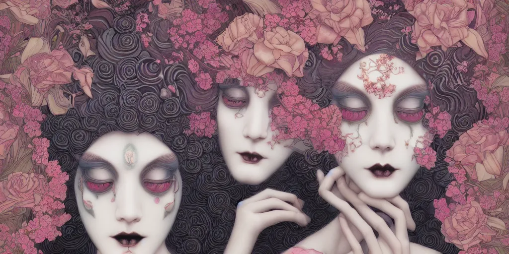 Image similar to breathtaking detailed concept art painting art deco pattern of goth faces goddesses amalgamation flowers, by hsiao - ron cheng, bizarre compositions, exquisite detail, extremely moody lighting, 8 k