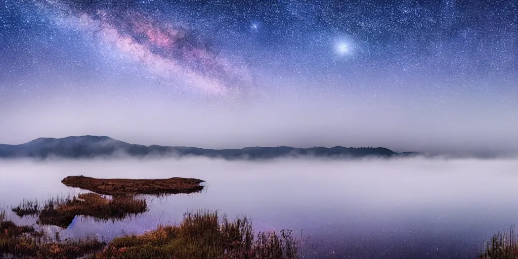 Image similar to a magic lake by night with fog mountains in the background and the milkyway in the sky by studio ghibli and hayao miyazaki and kazuo oga