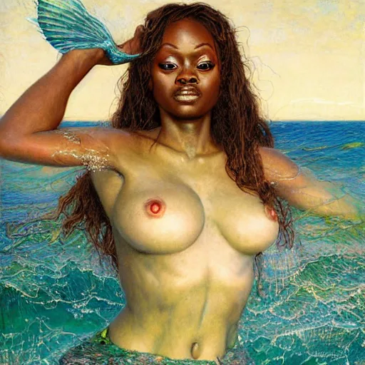 Image similar to jada fire as a beautiful mermaid emerging from the ocean, art by Edgar Maxence and Ross Tran and Michael Whelan