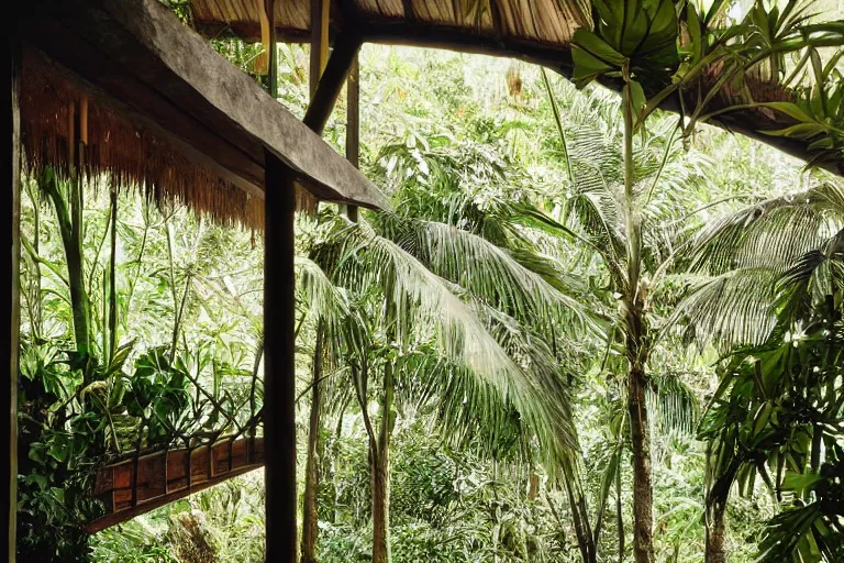 Image similar to a splendid tropical modernist house designed by Geoffrey Bawa in the middle of a jungle in Goa, photographed by Harry Gruyaert, shot on large format film camera, beautiful lighting, trending on VSCO,