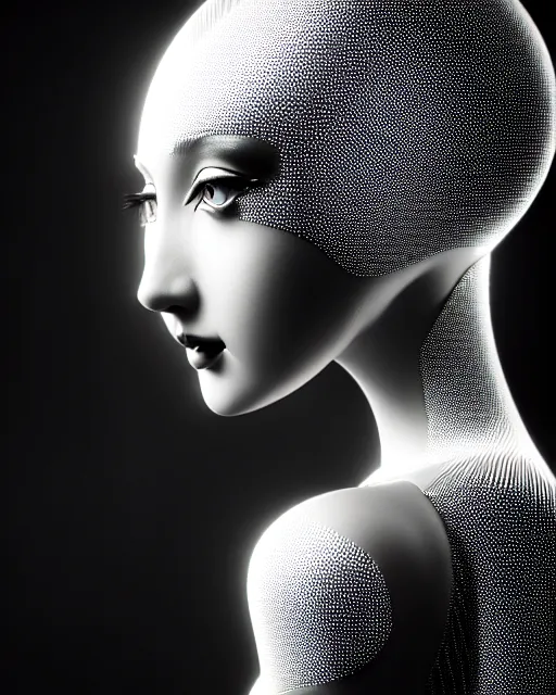 Image similar to black and white dreamy young beautiful female artificial intelligence, metropolis, cinematic, rim light, bokeh, photo - realistic, elegant, high detail, 8 k, masterpiece, photo taken in 1 9 3 0