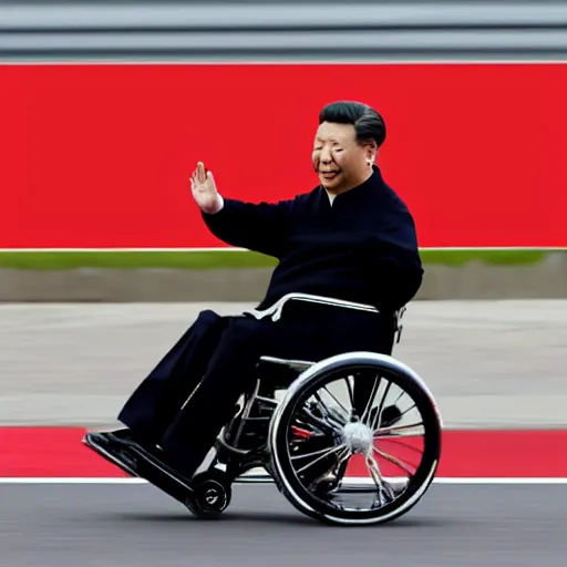 Prompt: xi jinping in a wheelchair racing formula 1 track