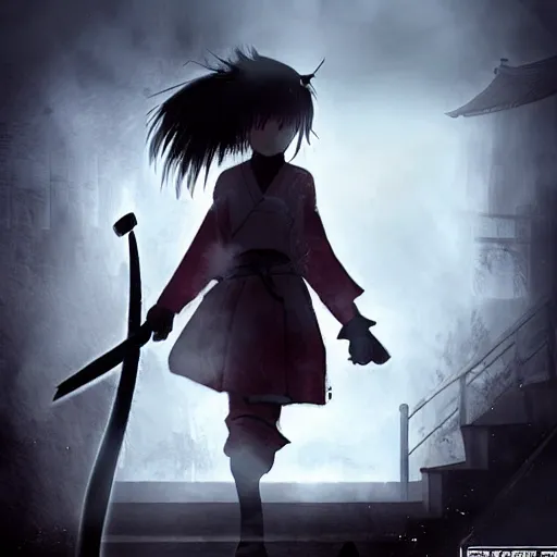 Image similar to a samurai girl with a sword fights with ghost kids with dark eyes from the down stairs in the school at the night, high detailed, dark atmosphere, unreal engine, japanese anime, horror