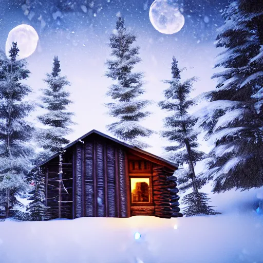 Prompt: Cabin in the woods, photography, nighttime, bright moon, snow, snowy trees, snow storm, Lights from inside the house, raytracing, godrays, smokey chimney, cozy, forest, trees, 8k