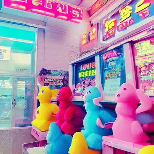 Prompt: “winning a crane game machine Pink blue yellow white pastels”