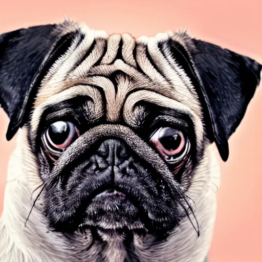 Image similar to portrait of a pug with an emo haircut with bangs, studio photo, album cover, well lit,