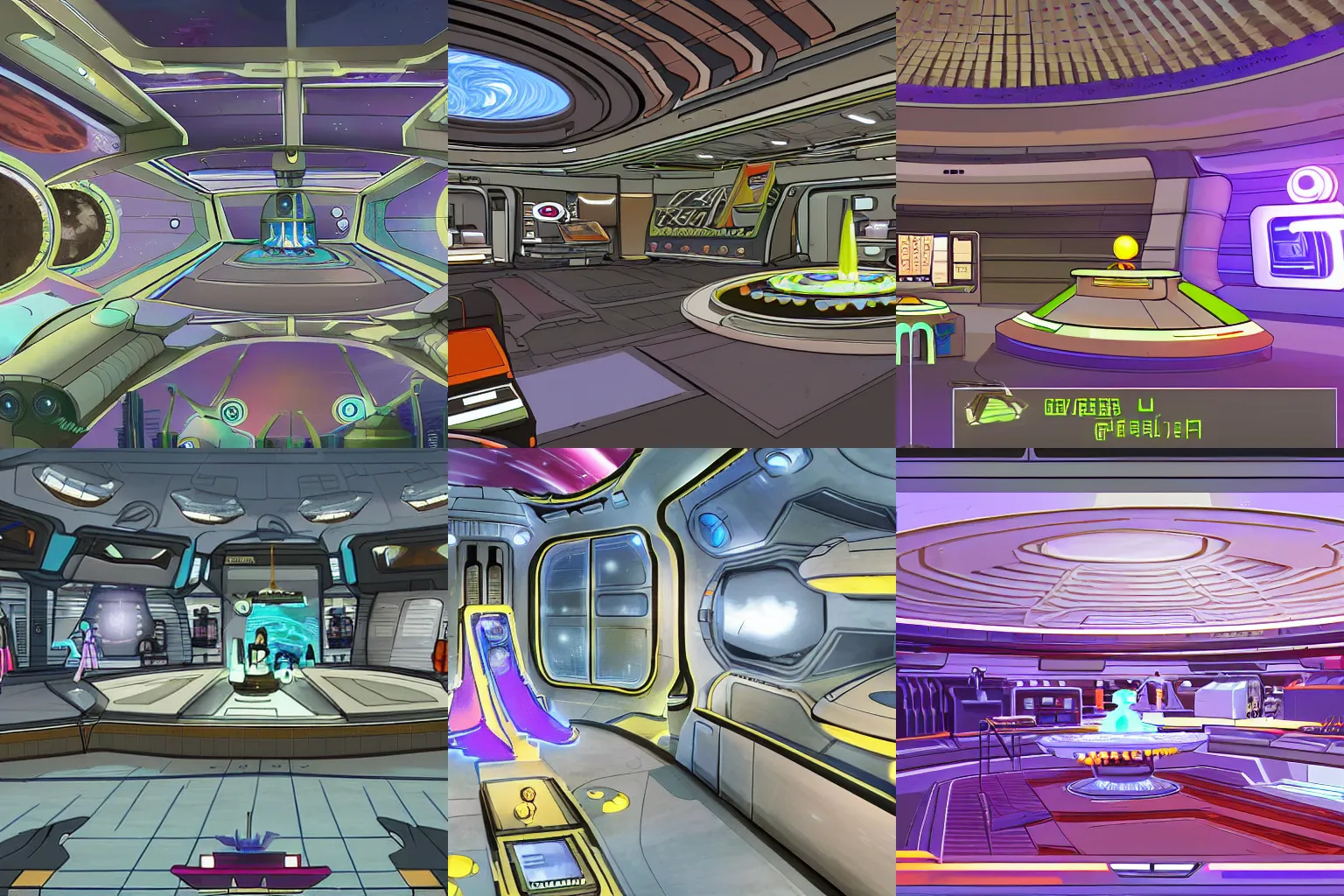 Prompt: inside a spaceship, a central plaza with a fountain and with a clothing store at the side, inside a large spaceship, from a space themed Sierra point and click 2D graphic adventure game, made in 2019, high quality graphics