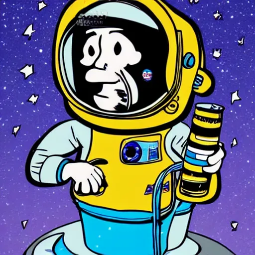 Image similar to an astronaut taking a photo of a beer keg. astronaut using a vintage camera. detailed cartoon