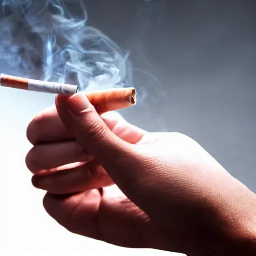 Prompt: Close-up of hyperrealistic soft only full hand holding cigarette with smoke, white background, 4K