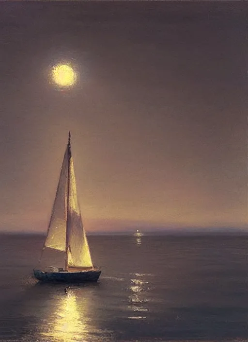 Image similar to There is a small sailboat on the dark blue sea, night view, by Vicente Romero Redondo