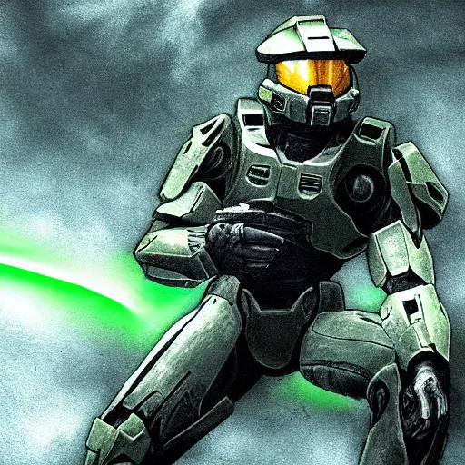 Image similar to master chief from halo, teabagging his enemy