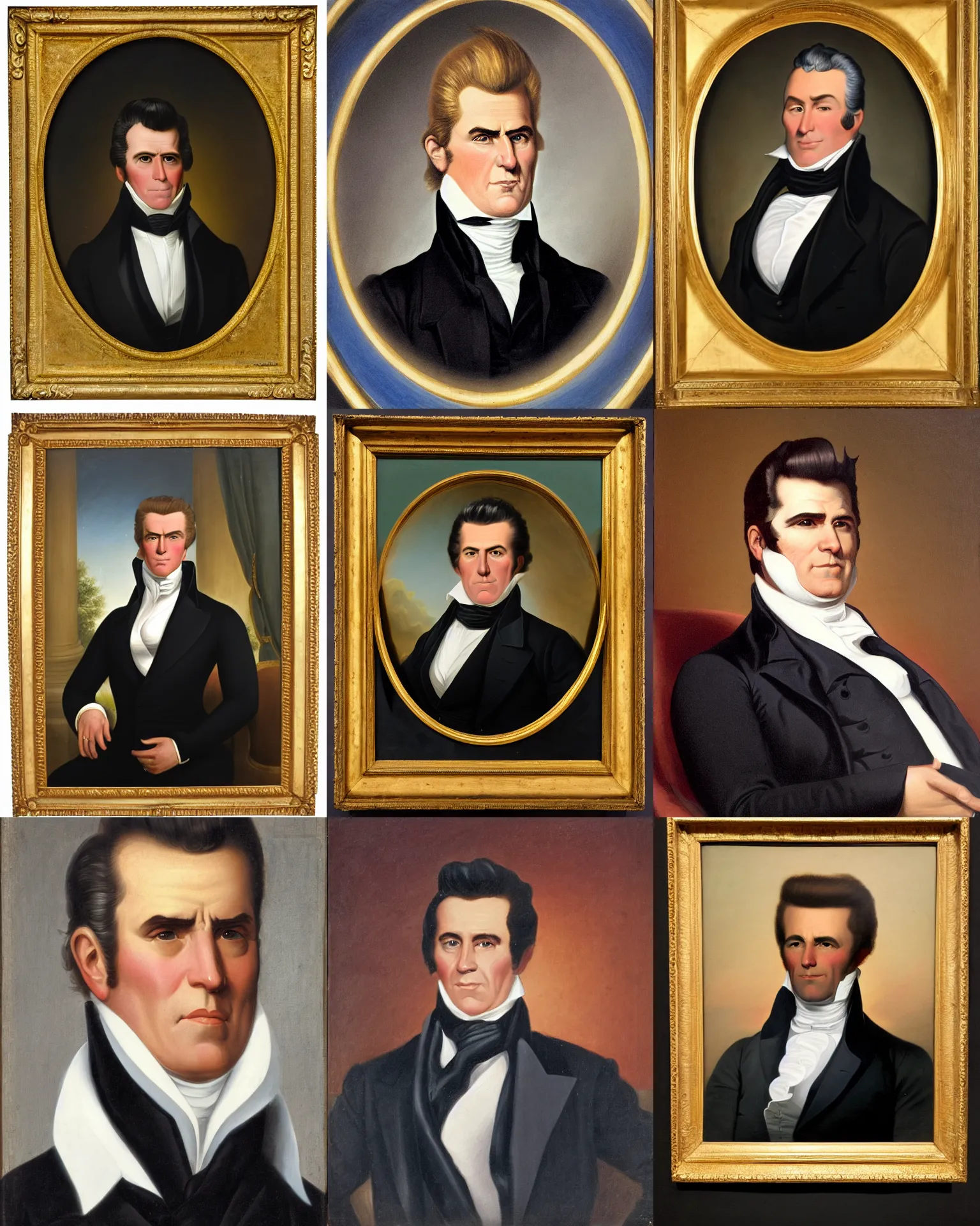 Prompt: Johnny Bravo, 6th President of the United States, 1825-1829, Portrait by George Peter Alexander Healy in 1858. Oil on canvas, 62 x 47 inches, White House Collection/White House Historical Association