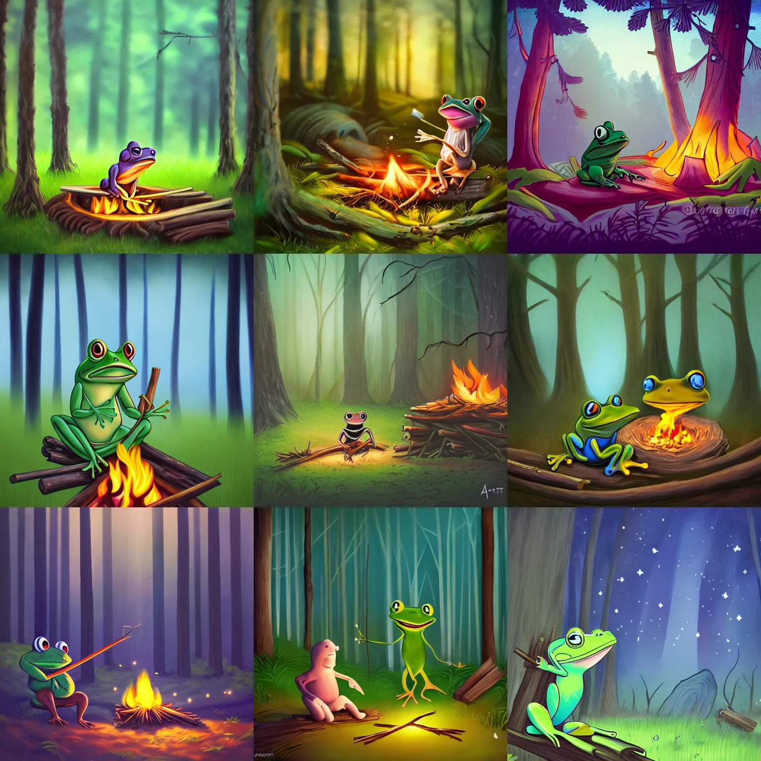 Prompt: frog sitting in forest, magical light, dramatic light, dark, forest, shooting star, marshmallow, stick, barbecue, wooden logs, bonfire, tents, trees, plants, colorful, trending on artstation, disney, cartoon, illustration