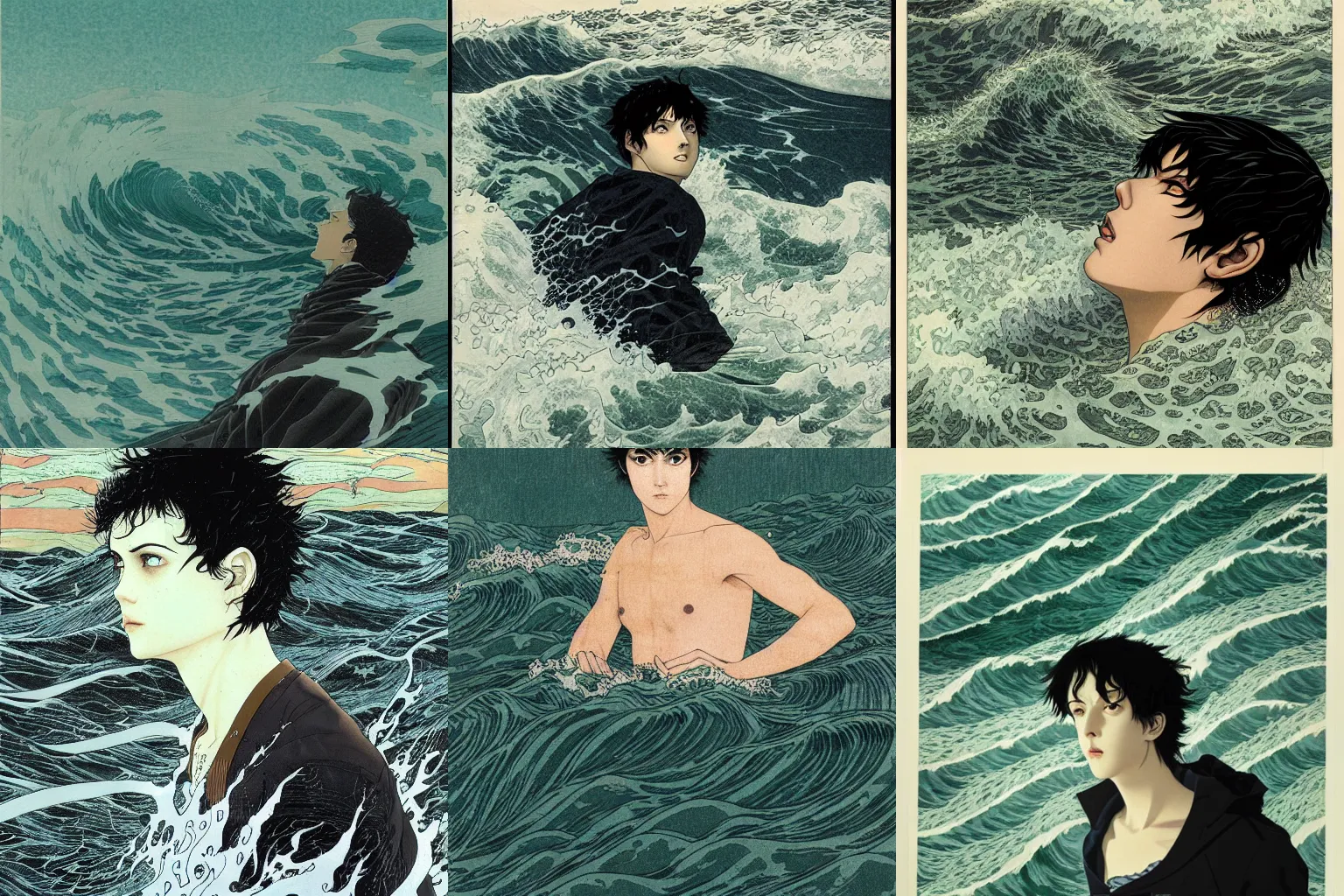 Prompt: a teenage boy with black hair and sea green eyes standing in the eyes of a Hurricane as waves and water crash around him by Austin Briggs, WLOP, Takato Yamamoto