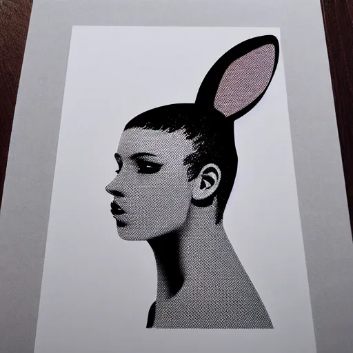 Prompt: individual furry playboy bunny silk screen portrait beeple style